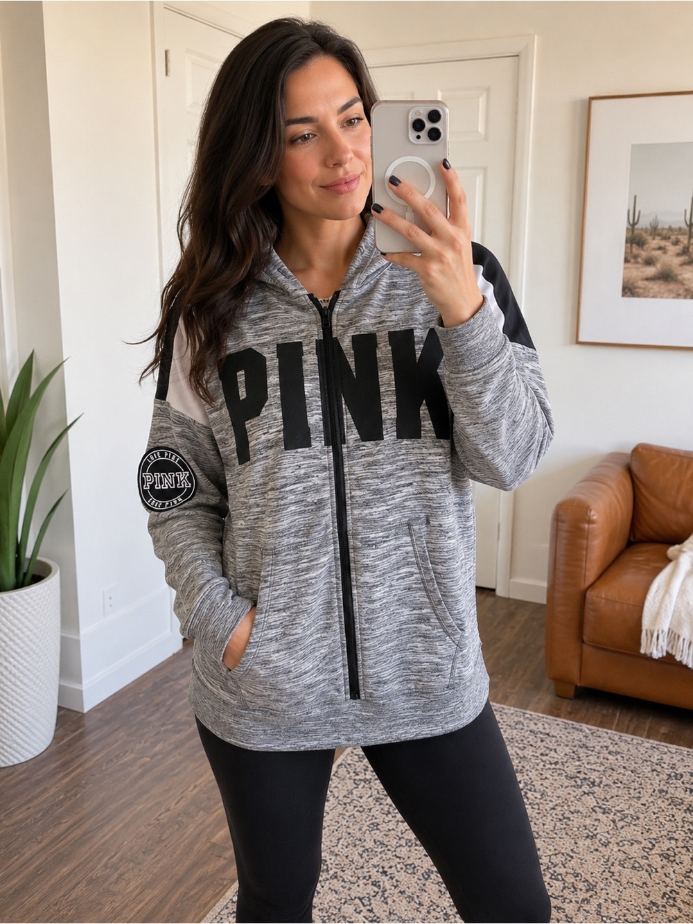 Victoria’s Secret PINK Gray Full Zip Hoodie Small Black Logo Athletic Jacket